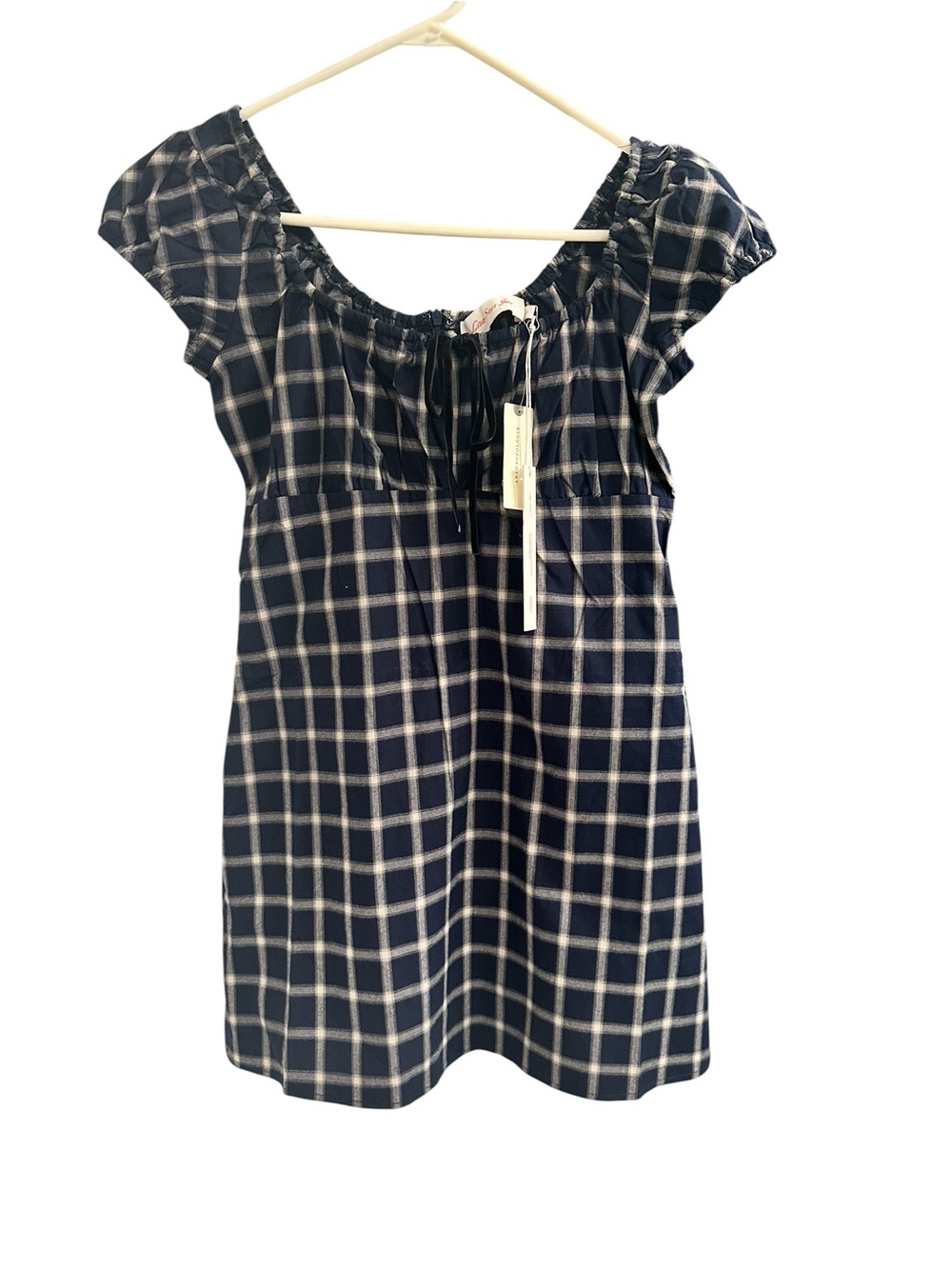 Anthropologie Navy and White Checked Short Sleeve Dress